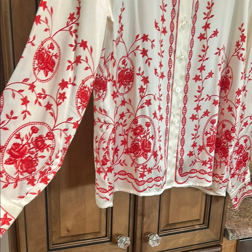 Escada White and Red Embroidered long sleeve button down blouse - Picture 3 of 6